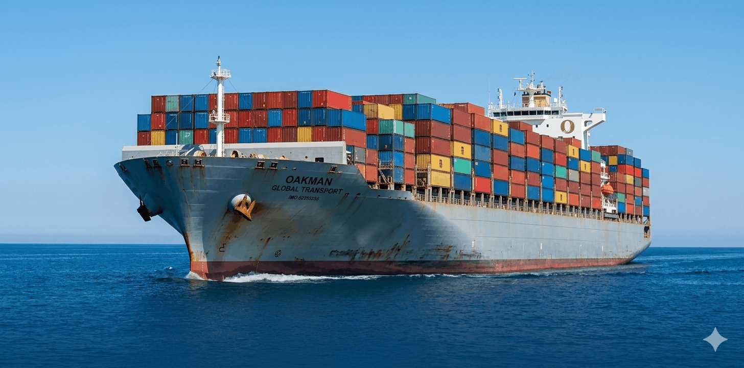 Large commercial container ship loaded with cargo freight navigating open shipping lanes under secure transit liability insurance protection