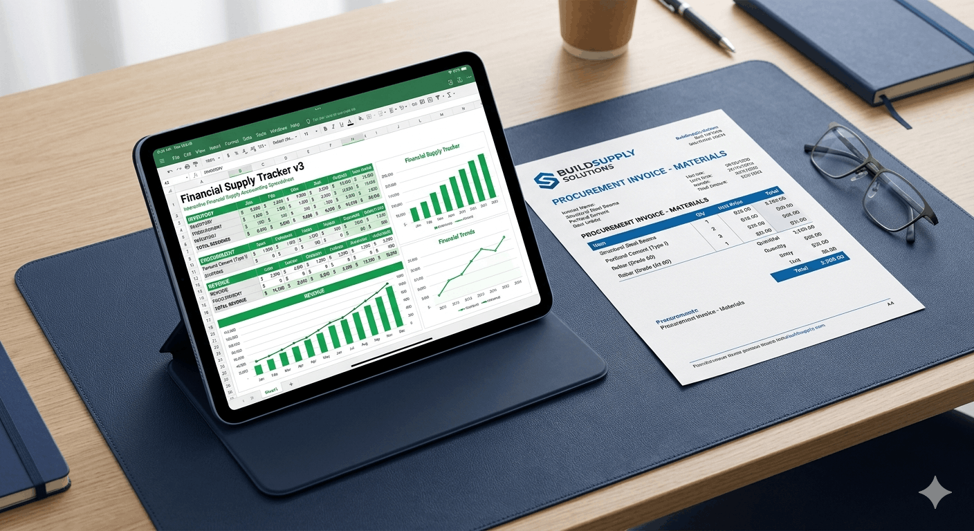 Commercial accounting ledger and supply procurement invoices representing structured asset tracking for advance payment bonds