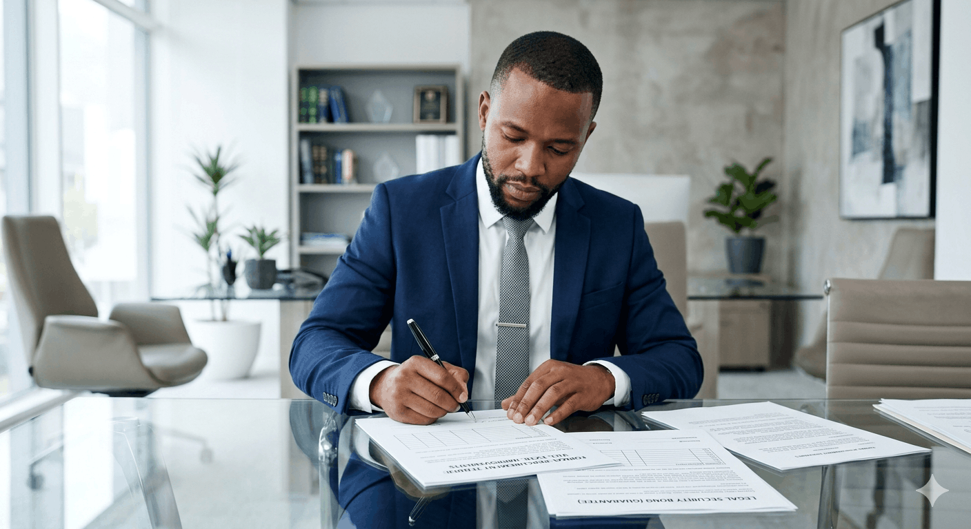 A executive business contractor preparing tender security bid bond submissions for a commercial contract