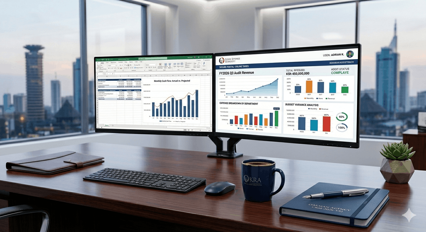 Corporate auditors tracking fiscal ledgers on a dual monitor workstation secured with liability coverage