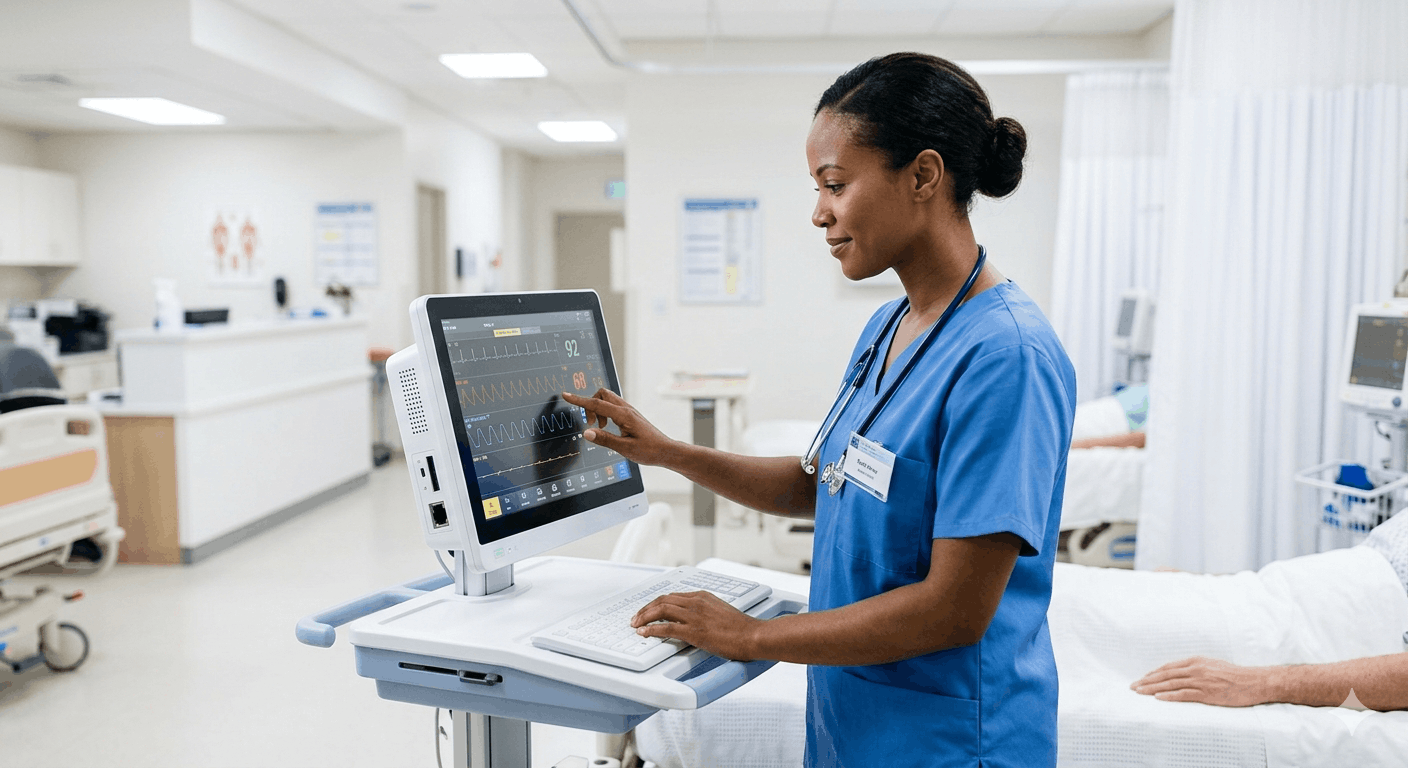 Professional nurse monitoring diagnostic equipment in a sterile Kenyan healthcare ward