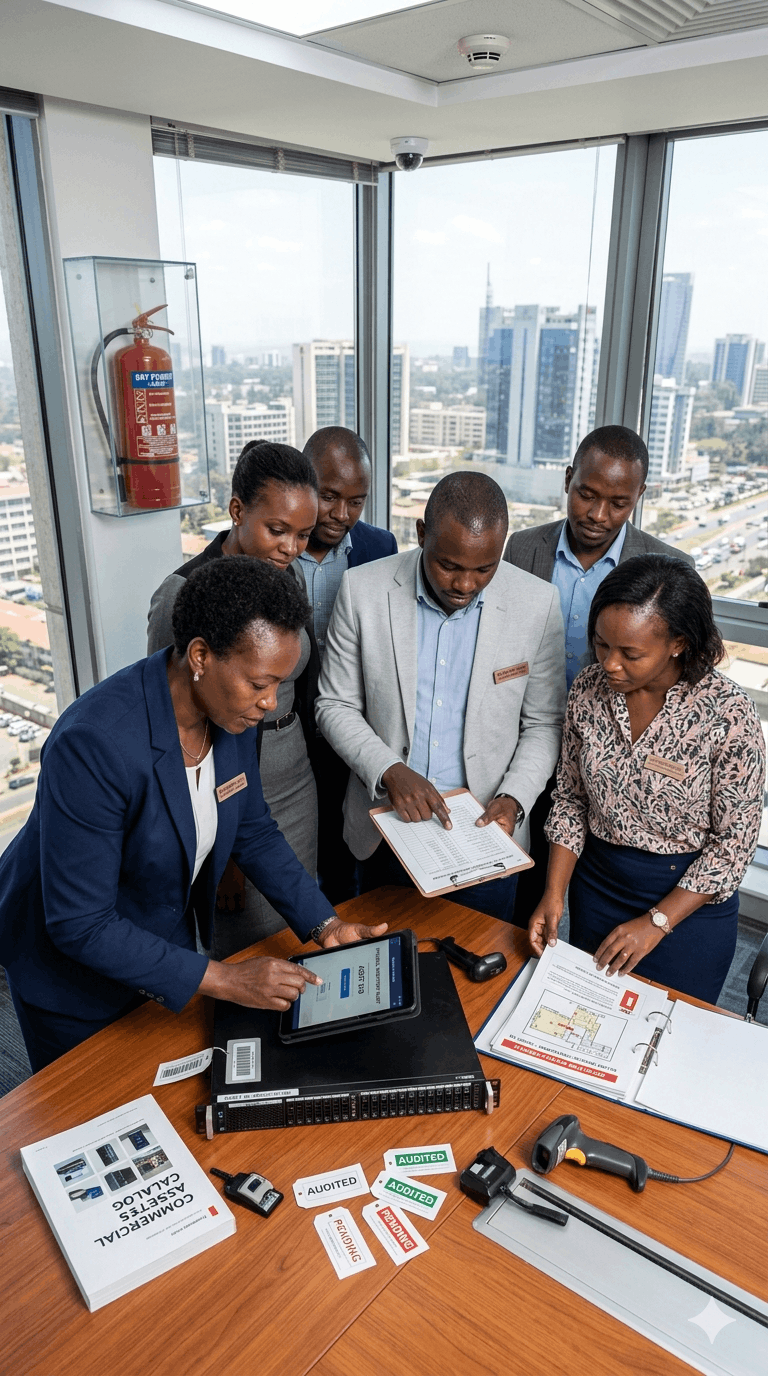 Nairobi management team conducting a commercial asset inventory audit and reviewing office fire safety profiles