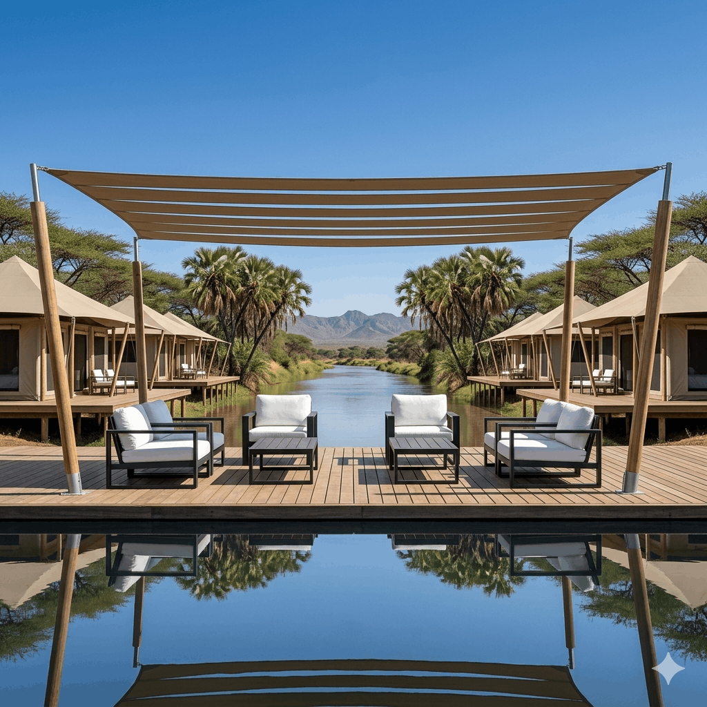 Premium luxury safari tented camp overlooking a natural river ecosystem, managed under secure business asset protocols