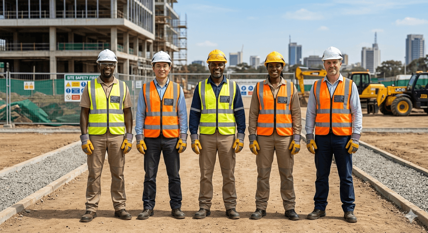 Construction laborers wearing proper high-visibility jackets and protective gear working safely under structural WIBA coverage policies
