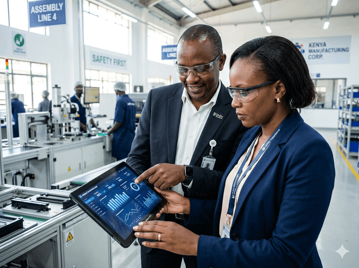Kenyan enterprise managers assessing factory production lines under secure commercial insurance coverage